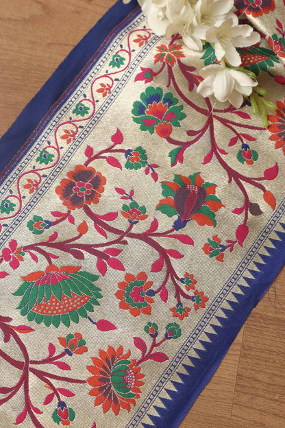 Blue Paithani Silk Flower Design Lace ( 1 Mtr ) - Luxurion World