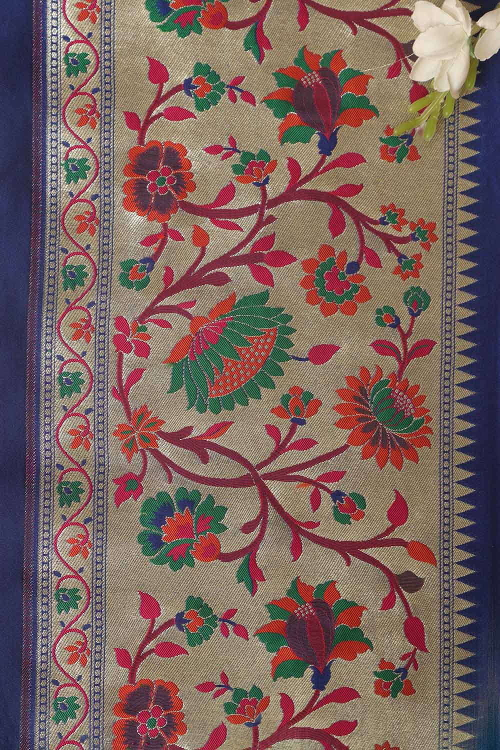 Blue Paithani Silk Flower Design Lace ( 1 Mtr ) - Luxurion World