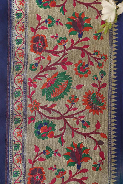 Blue Paithani Silk Flower Design Lace ( 1 Mtr ) - Luxurion World