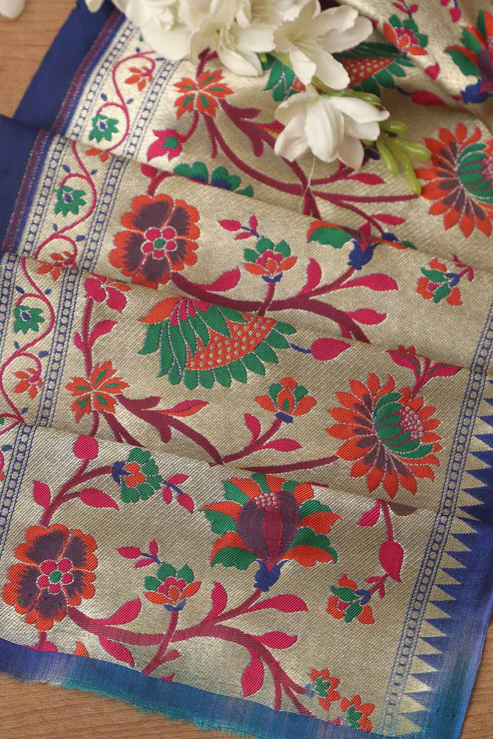 Blue Paithani Silk Flower Design Lace ( 1 Mtr ) - Luxurion World