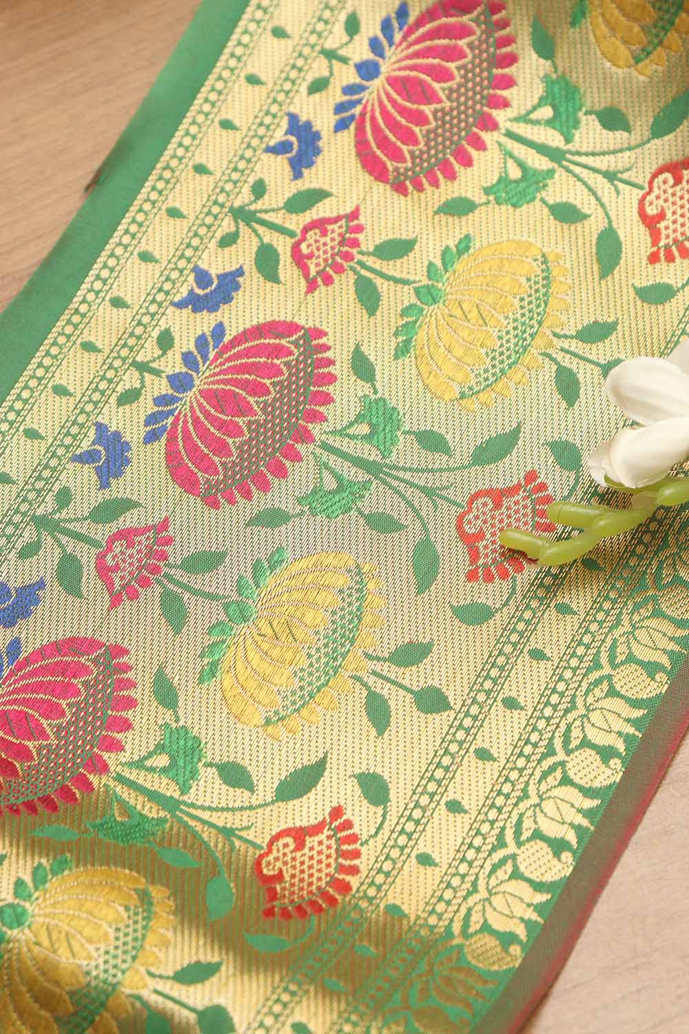 Green Paithani Silk Flower Design Lace ( 1 Mtr ) - Luxurion World