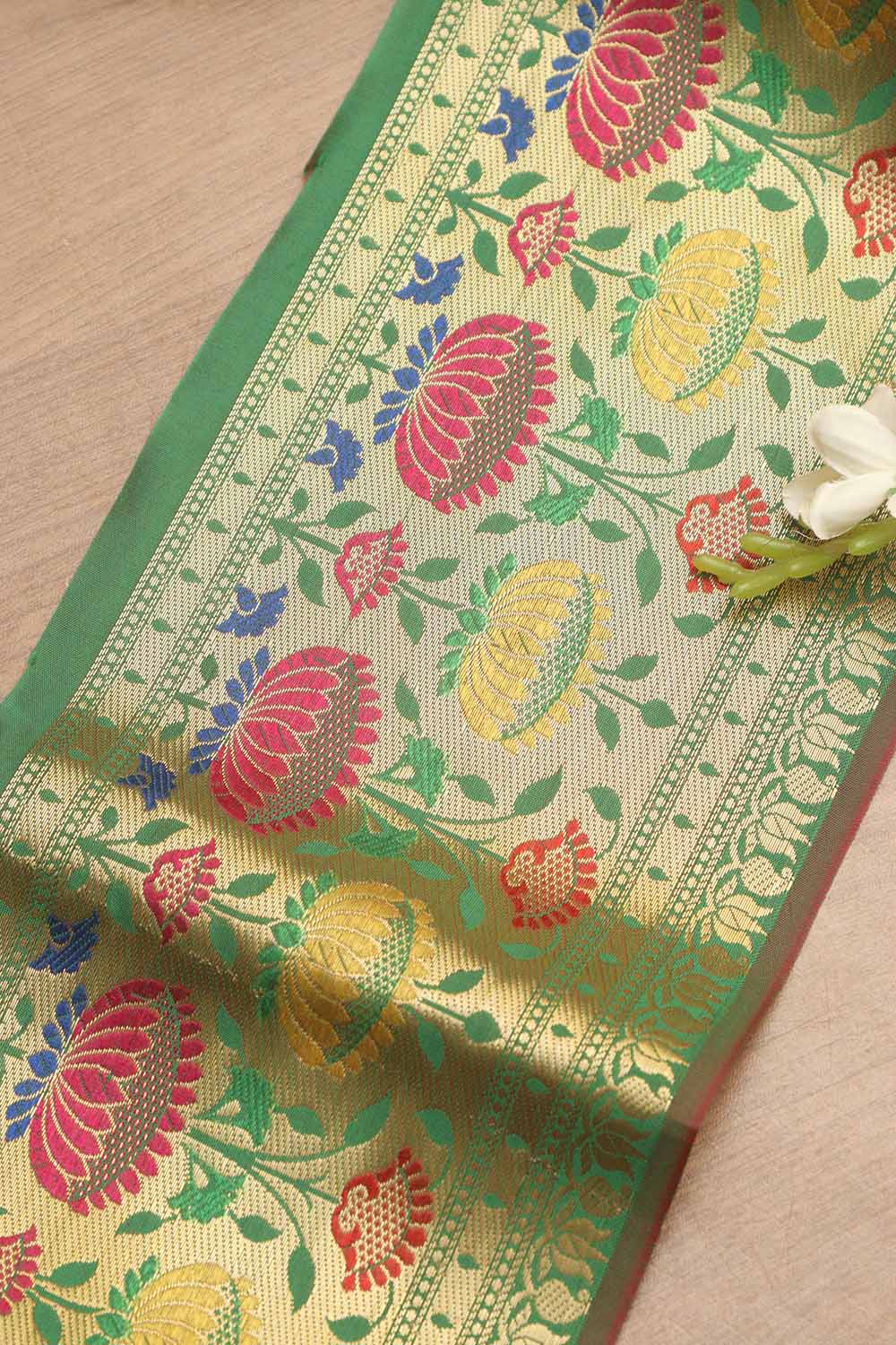 Green Paithani Silk Flower Design Lace ( 1 Mtr ) - Luxurion World