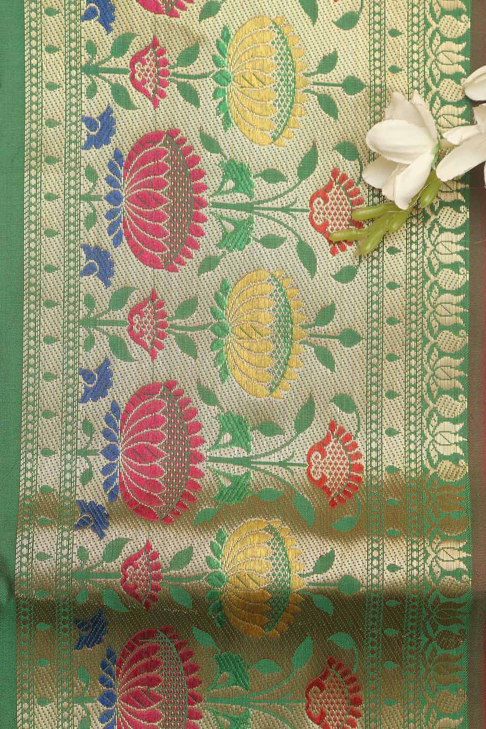 Green Paithani Silk Flower Design Lace ( 1 Mtr ) - Luxurion World