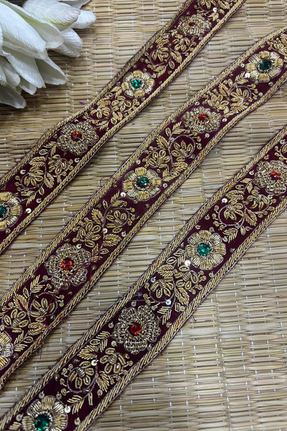 Maroon Golden Trendy Vintage Hand Work Zardozi Vintage Border ( 1 Mtr ) - Luxurion World