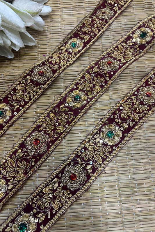 Maroon Golden Trendy Vintage Hand Work Zardozi Vintage Border ( 1 Mtr ) - Luxurion World