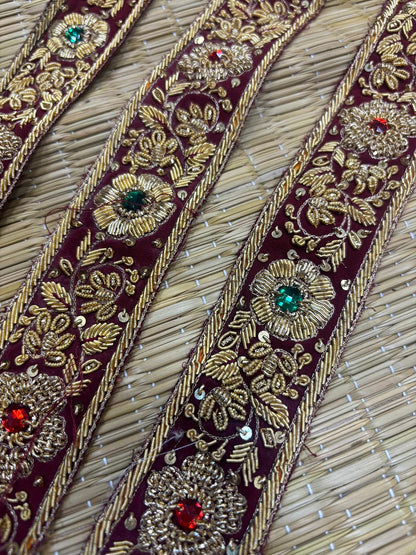 Maroon Golden Trendy Vintage Hand Work Zardozi Vintage Border ( 1 Mtr ) - Luxurion World