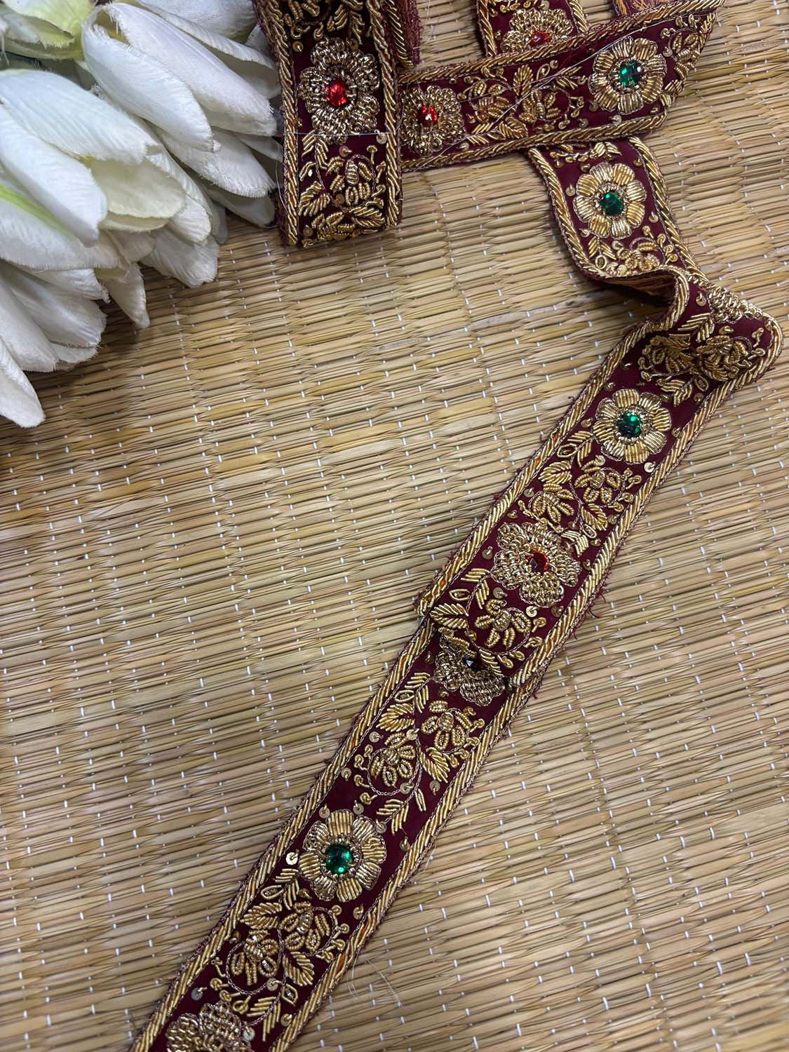 Maroon Golden Trendy Vintage Hand Work Zardozi Vintage Border ( 1 Mtr ) - Luxurion World