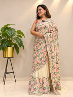 Pastel Kashmiri Aari Crepe Saree—Chain Stitch Embroidery, Festive & Wedding