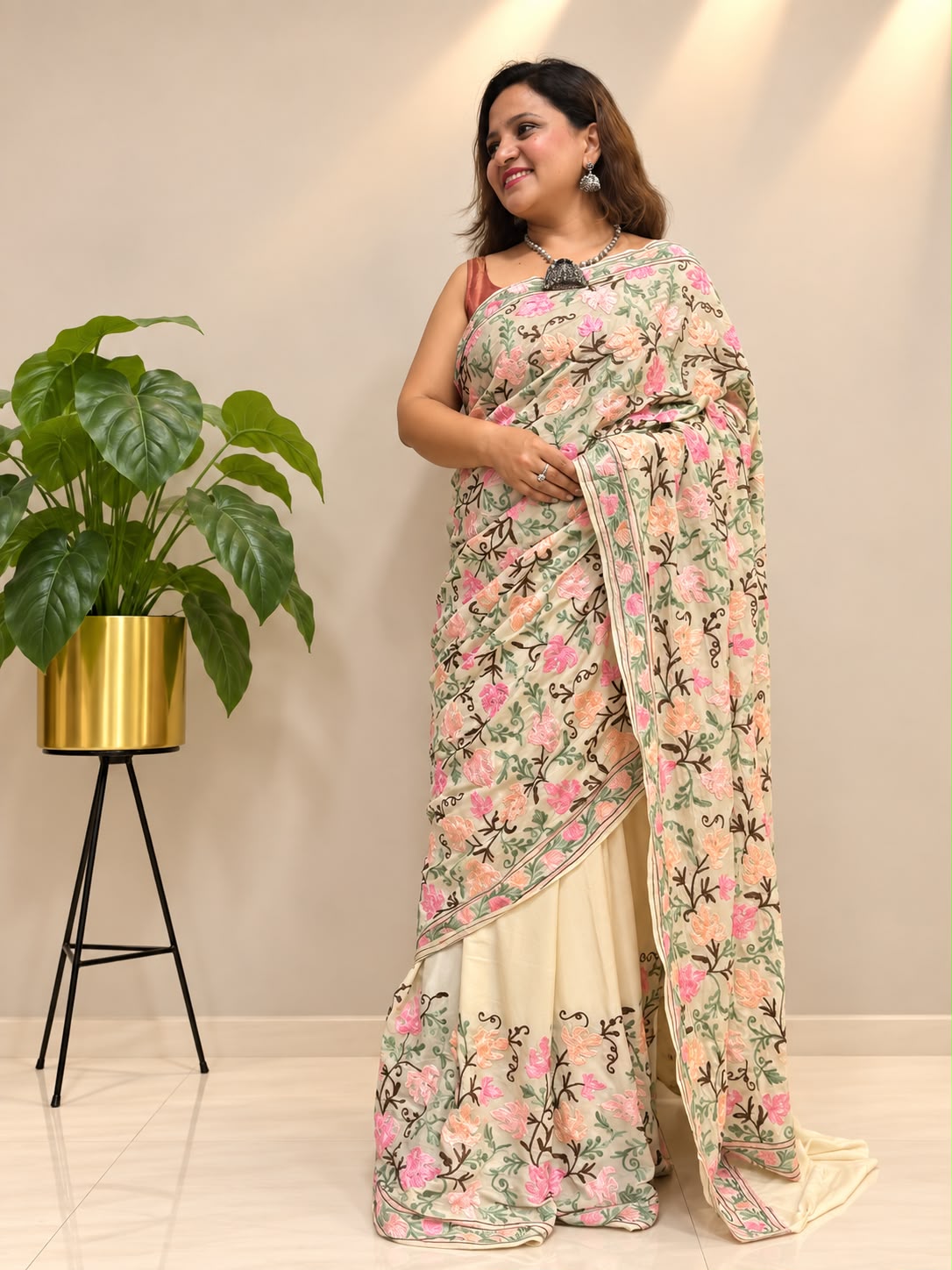 Pastel Kashmiri Aari Crepe Saree—Chain Stitch Embroidery, Festive & Wedding