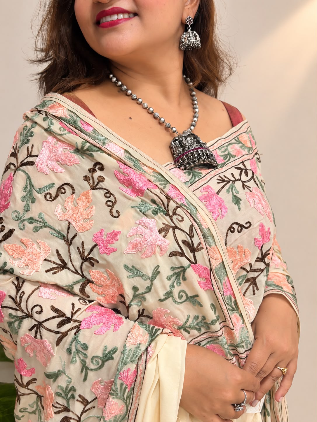 Pastel Kashmiri Aari Crepe Saree—Chain Stitch Embroidery, Festive & Wedding