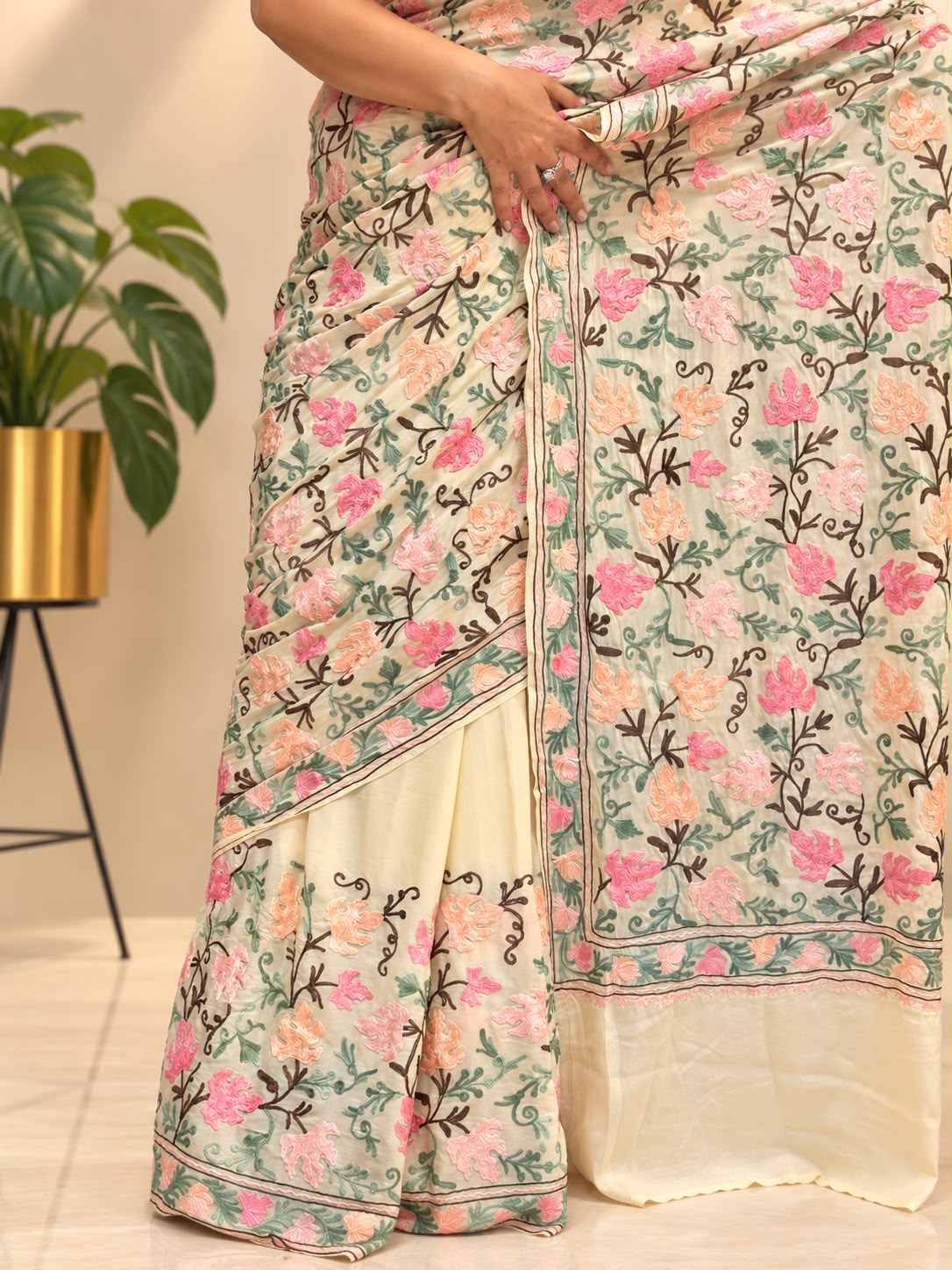 Pastel Kashmiri Aari Crepe Saree—Chain Stitch Embroidery, Festive & Wedding