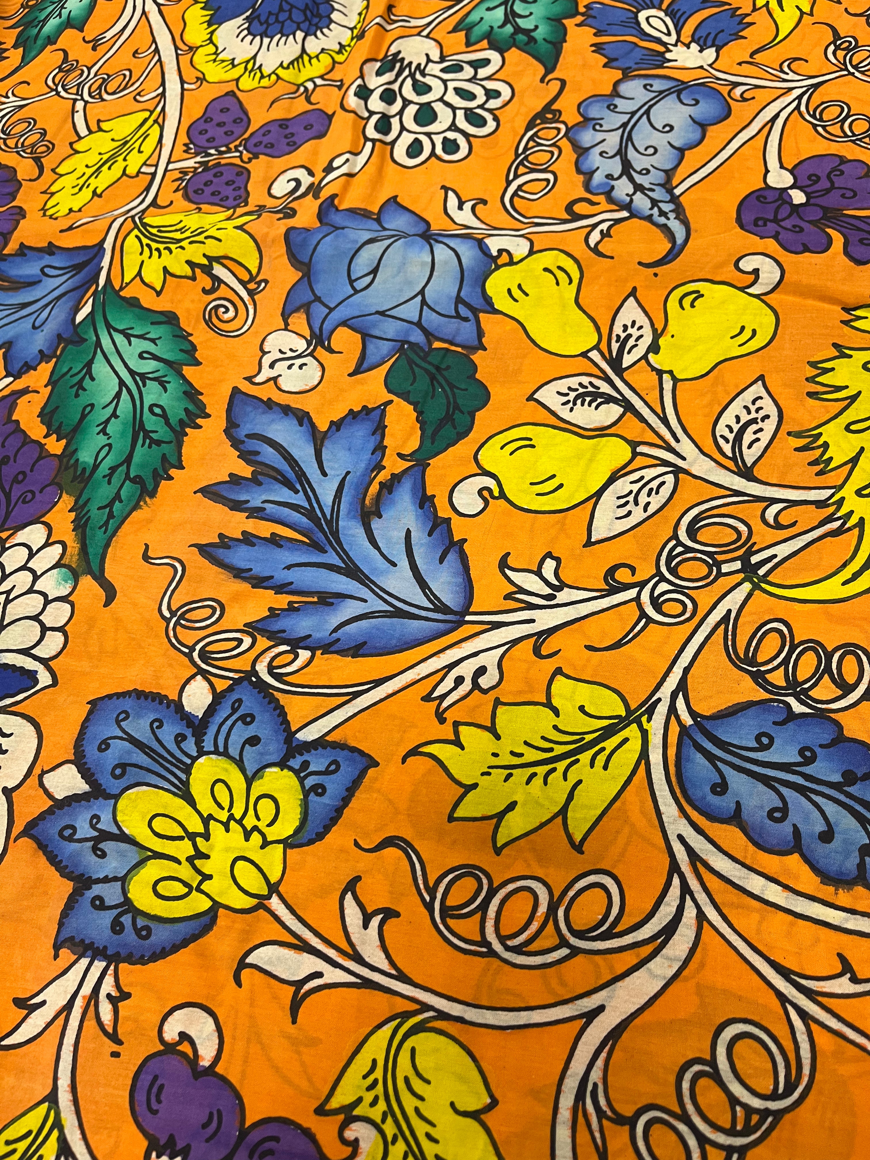 Orange Kalamkari Hand Painted Bangalore Silk Fabric