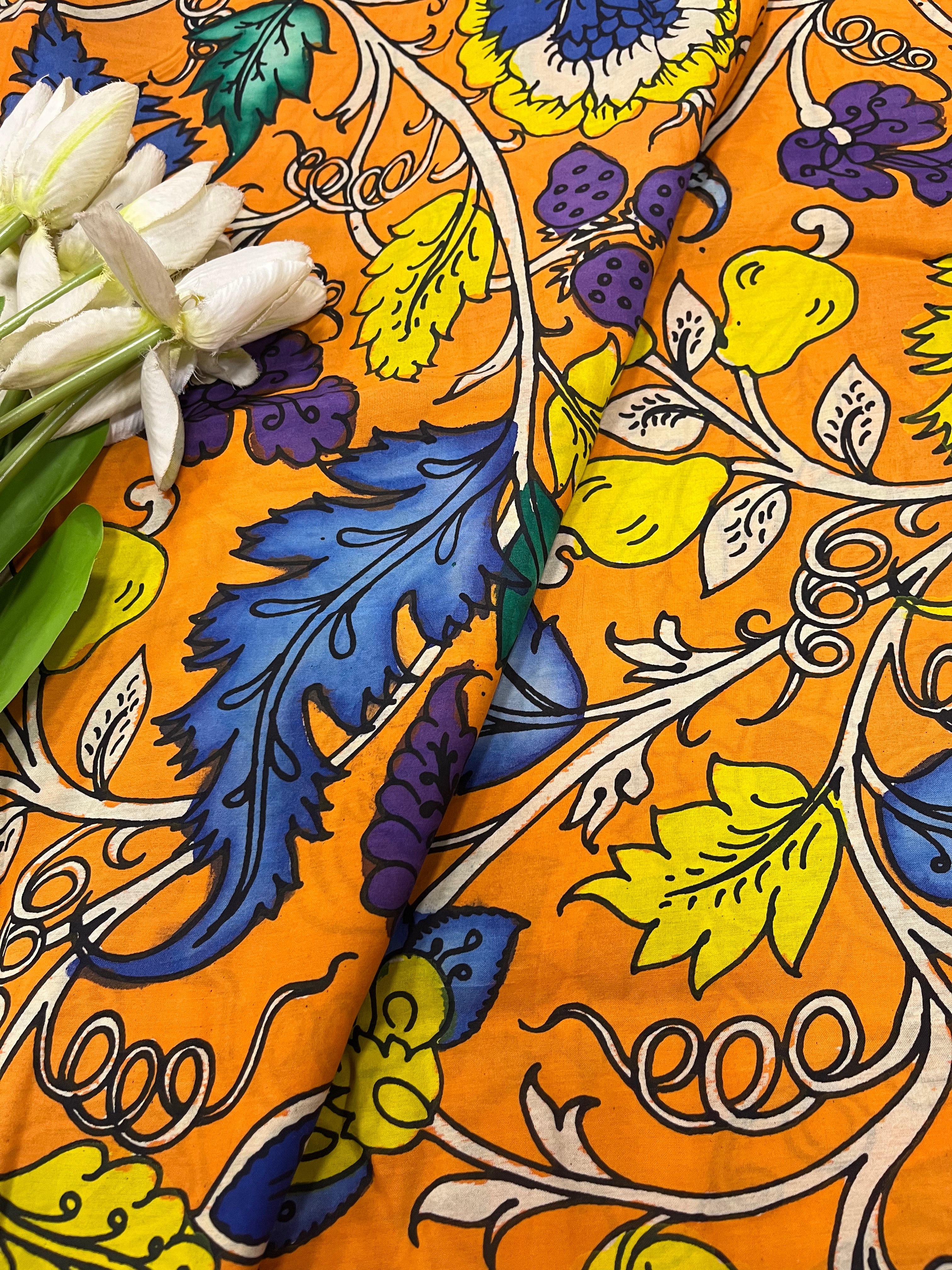 Orange Kalamkari Hand Painted Bangalore Silk Fabric