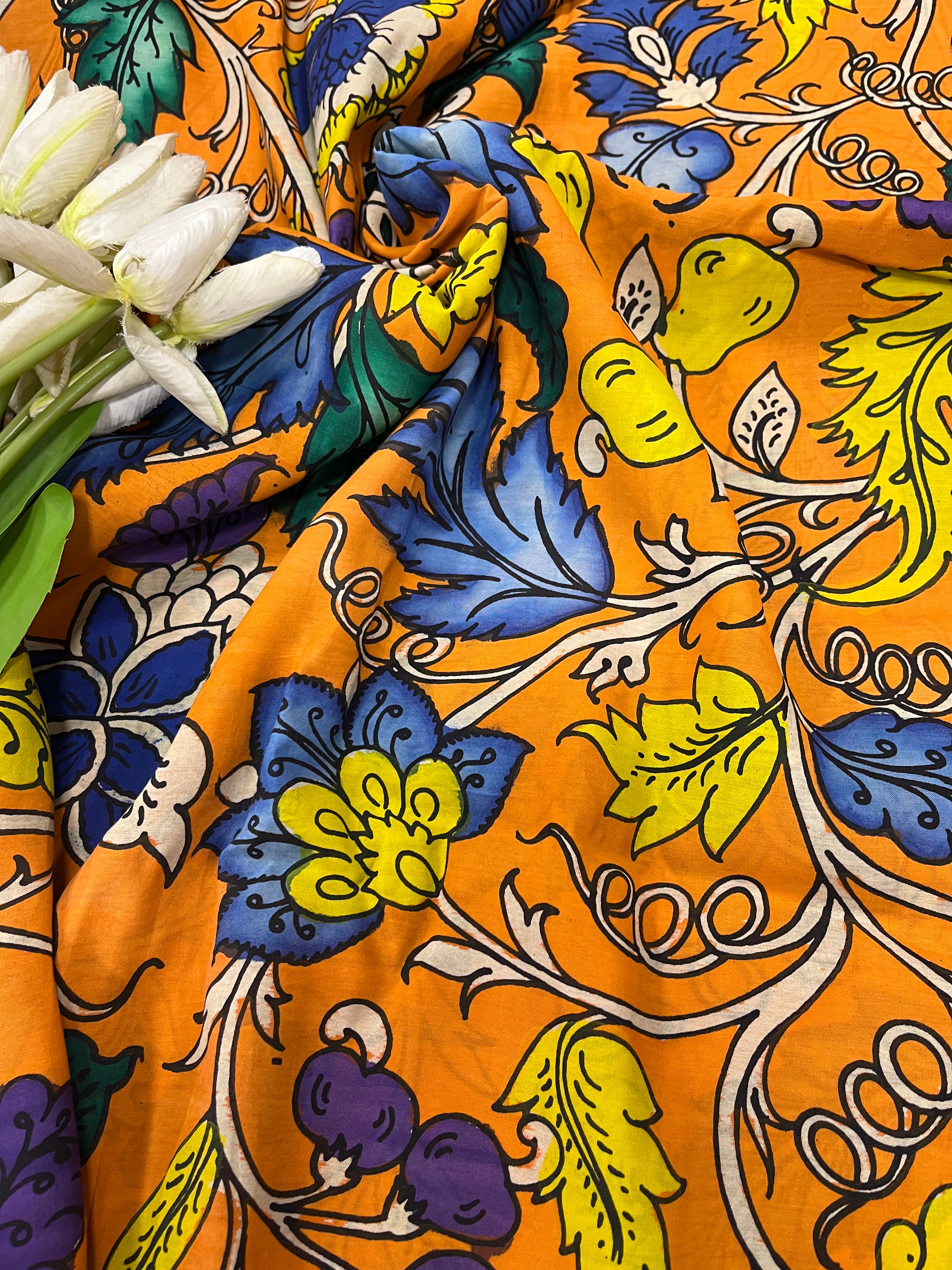 Orange Kalamkari Hand Painted Bangalore Silk Fabric
