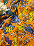 Orange Kalamkari Hand Painted Bangalore Silk Fabric