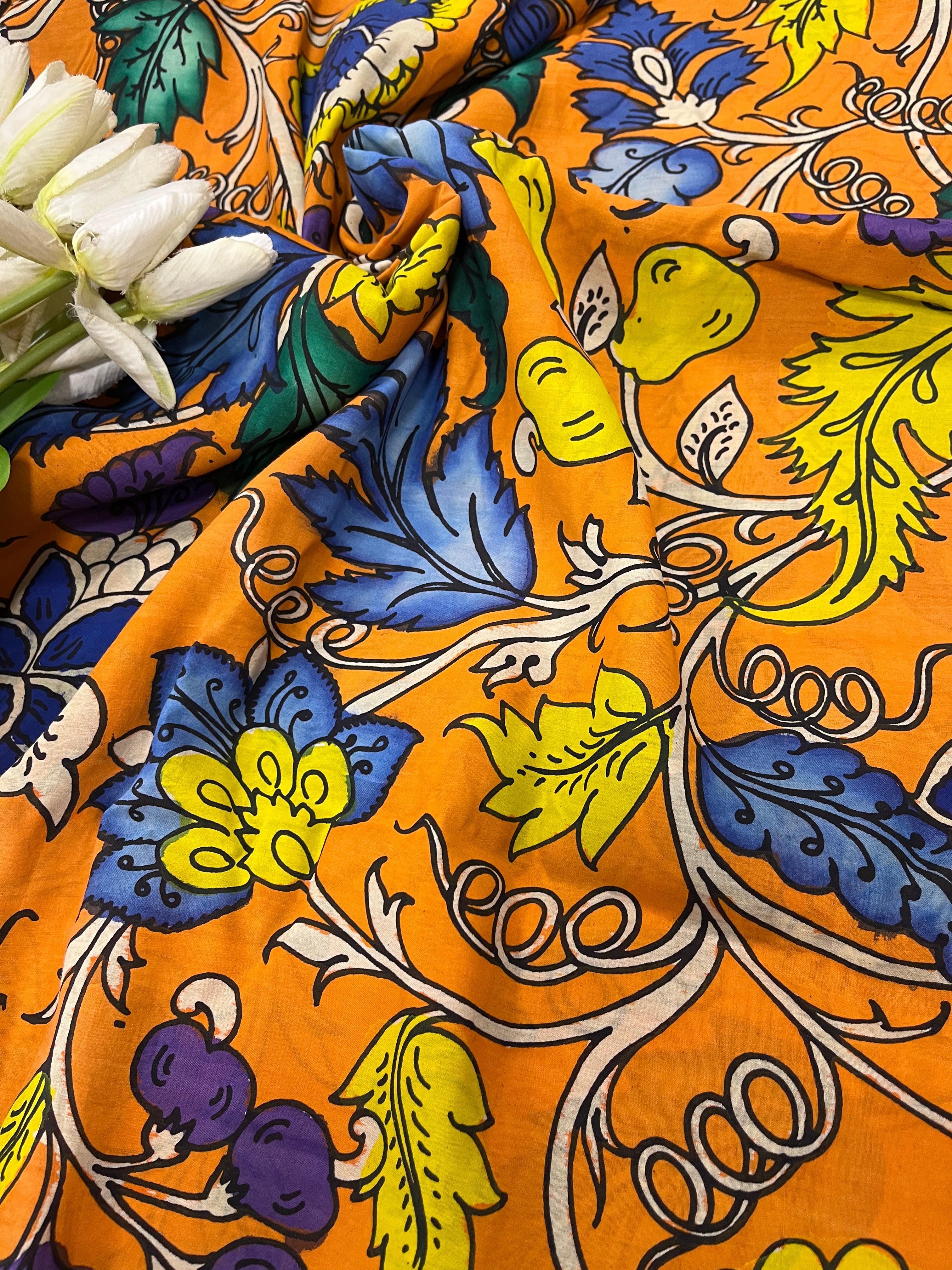 Orange Kalamkari Hand Painted Bangalore Silk Fabric