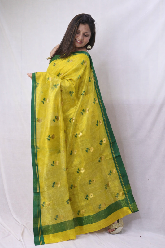 Green Handloom Chanderi Pure Katan Silk Saree - Luxurion World