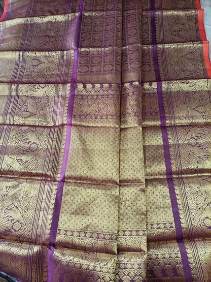 Exquisite Purple Handloom Kanjeevaram Pure Silk Peacock Design Dupatta - Luxurion World