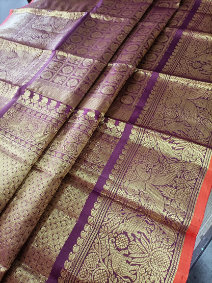 Exquisite Purple Handloom Kanjeevaram Pure Silk Peacock Design Dupatta - Luxurion World