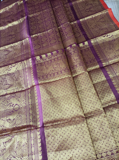 Exquisite Purple Handloom Kanjeevaram Pure Silk Peacock Design Dupatta - Luxurion World