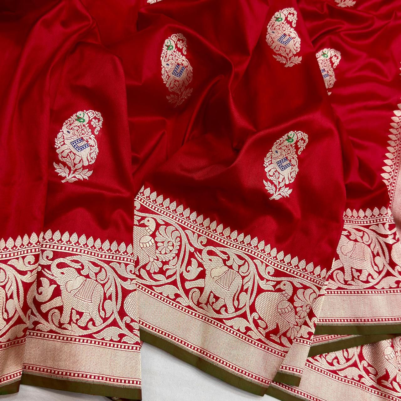 Red Handloom Banarasi Pure Katan Silk Paisley Design Meenakari Saree - Luxurion World