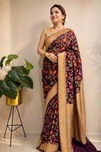 Maroon Handloom Banarasi Georgette Meenakari Flower Design Saree