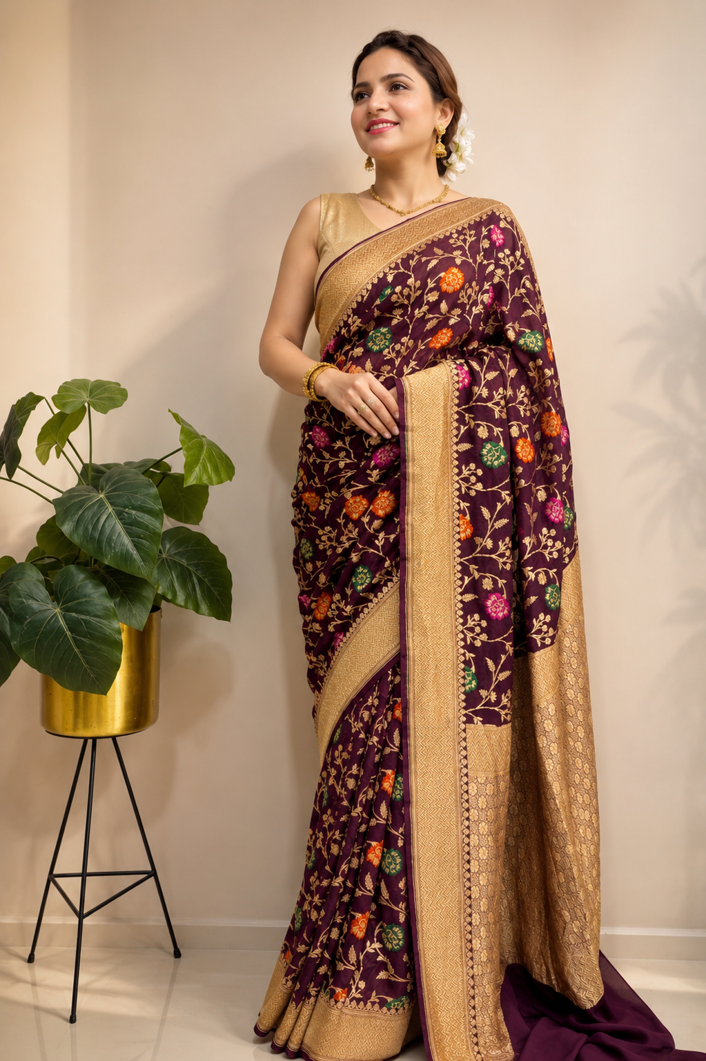 Maroon Handloom Banarasi Georgette Meenakari Flower Design Saree