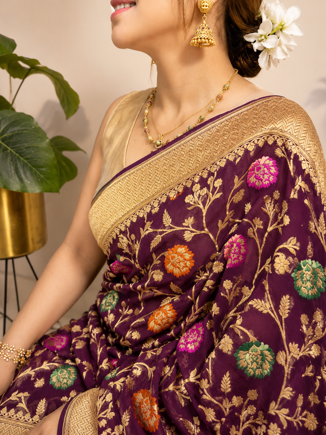 Maroon Handloom Banarasi Georgette Meenakari Flower Design Saree