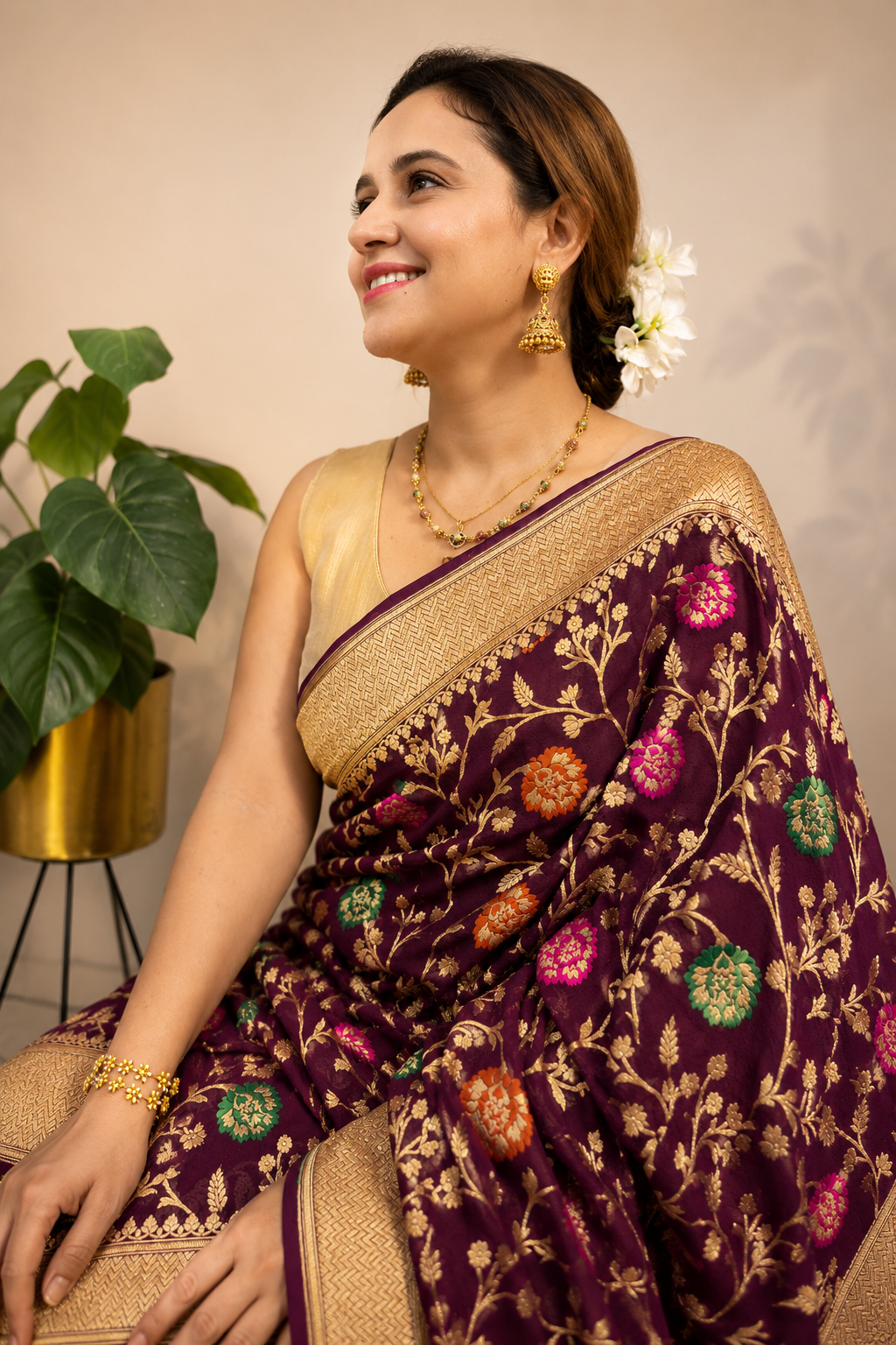 Maroon Handloom Banarasi Georgette Meenakari Flower Design Saree