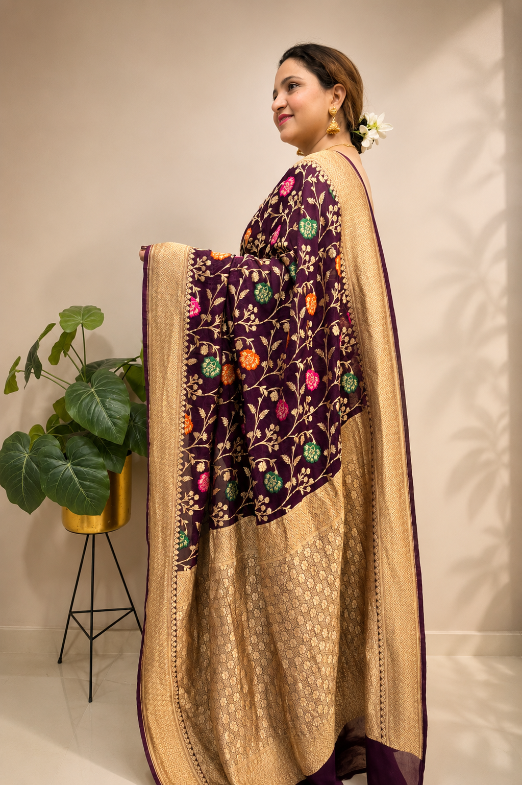 Maroon Handloom Banarasi Georgette Meenakari Flower Design Saree