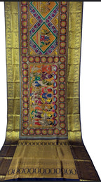 Kalamkari Blue Pen Saree with Kanjeevaram Border - Luxurion World