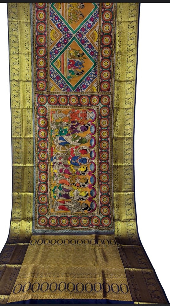 Kalamkari Blue Pen Saree with Kanjeevaram Border - Luxurion World