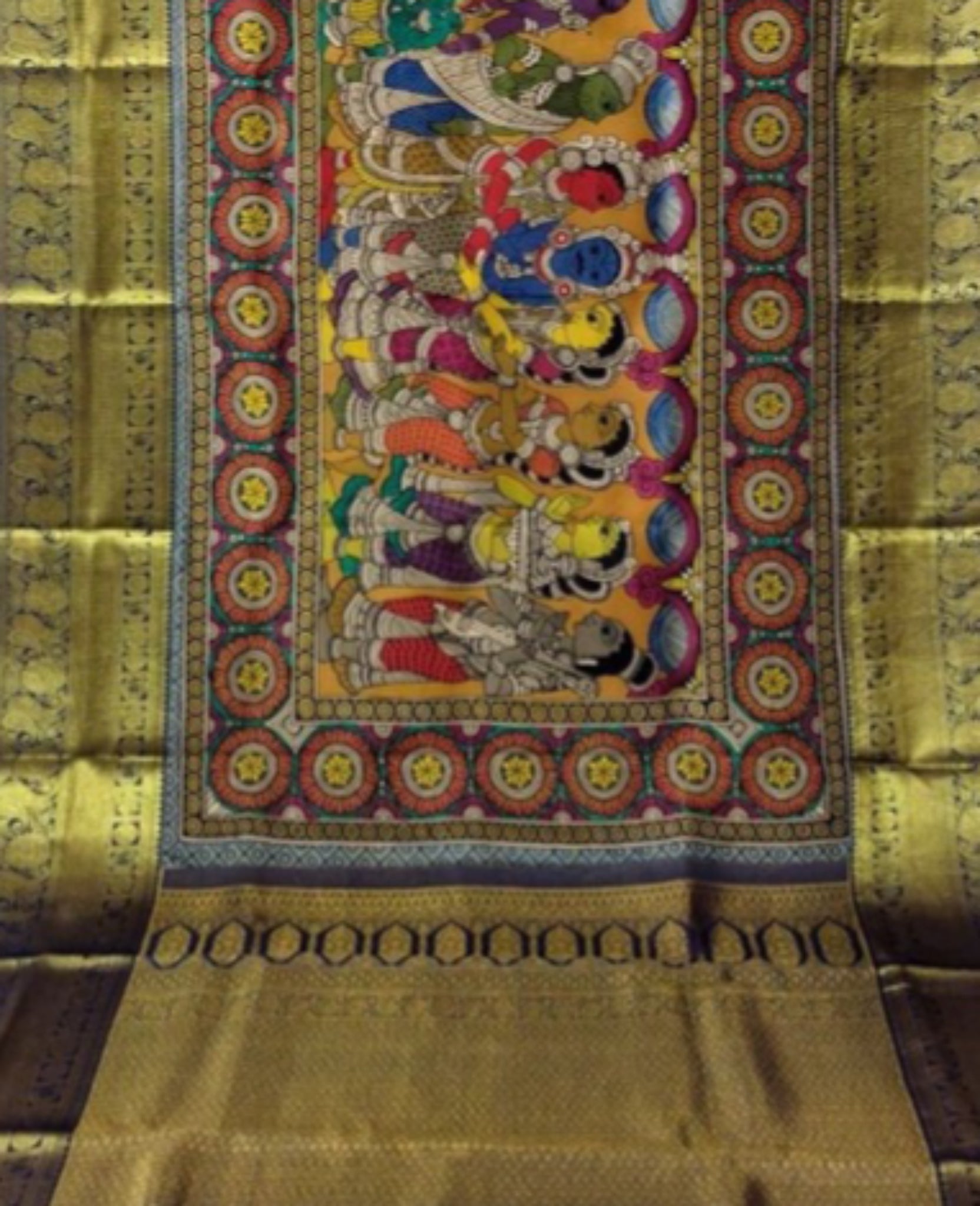 Kalamkari Blue Pen Saree with Kanjeevaram Border - Luxurion World