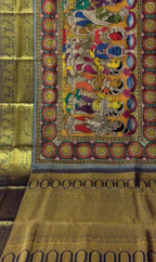 Kalamkari Blue Pen Saree with Kanjeevaram Border - Luxurion World