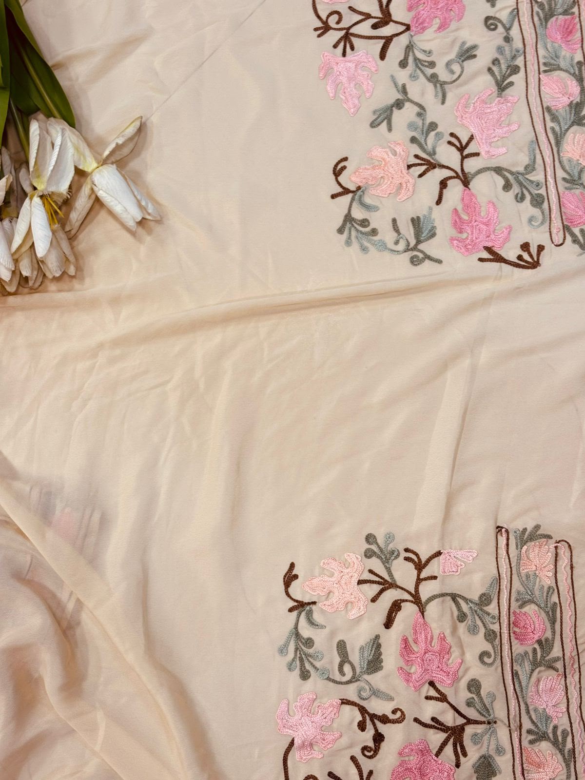 Pastel Kashmiri Aari Crepe Saree—Chain Stitch Embroidery, Festive & Wedding