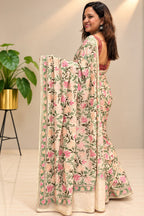 Pastel Kashmiri Aari Crepe Saree—Chain Stitch Embroidery, Festive & Wedding
