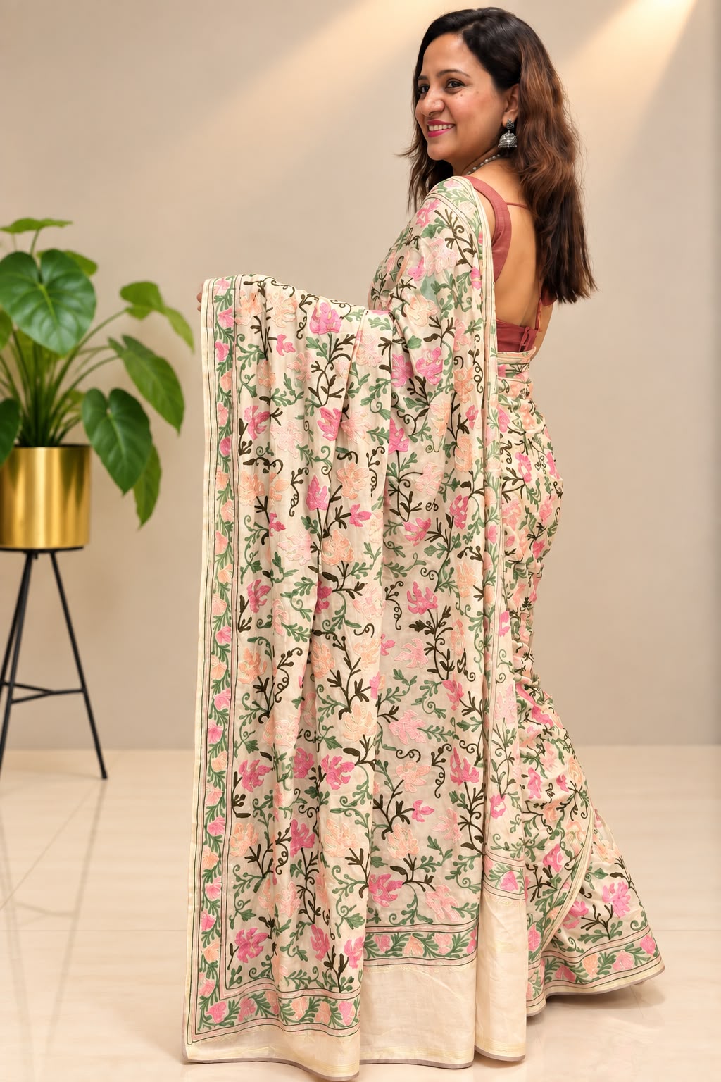 Pastel Kashmiri Aari Crepe Saree—Chain Stitch Embroidery, Festive & Wedding