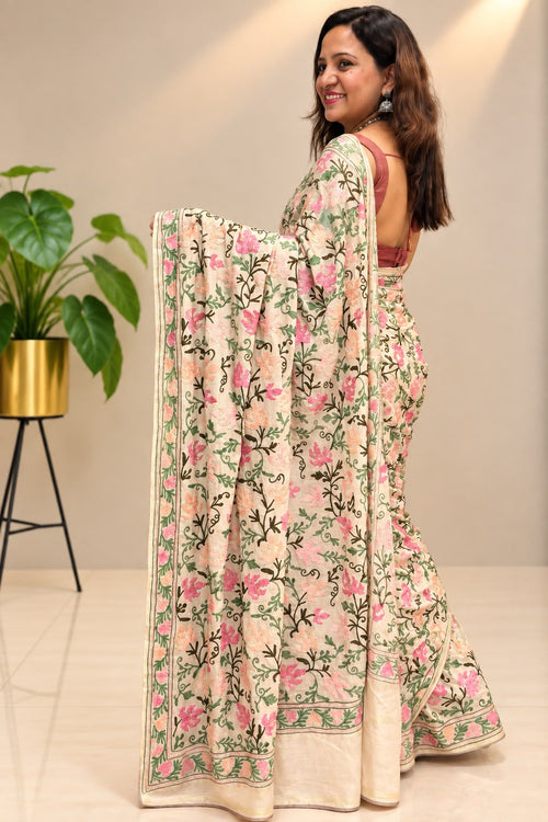 Pastel Kashmiri Aari Crepe Saree—Chain Stitch Embroidery, Festive & Wedding