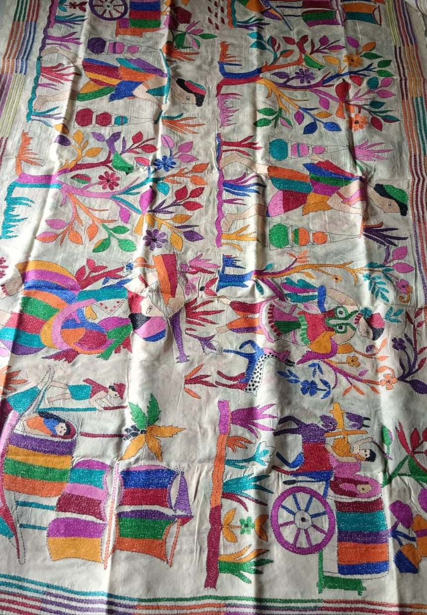 Stunning Multicolor Kantha Tussar Silk Dupatta with Hand Embroidered - Luxurion World