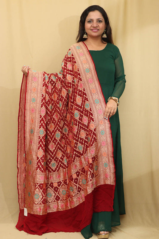 Exquisite Maroon Banarasi Bandhani Pure Georgette Meenakari Dupatta - Luxurion World