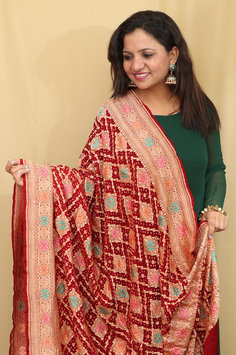 Exquisite Maroon Banarasi Bandhani Pure Georgette Meenakari Dupatta - Luxurion World