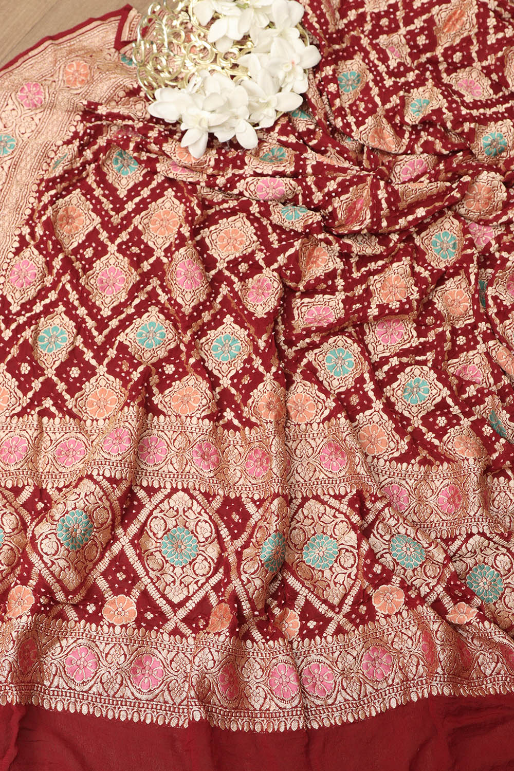 Exquisite Maroon Banarasi Bandhani Pure Georgette Meenakari Dupatta - Luxurion World