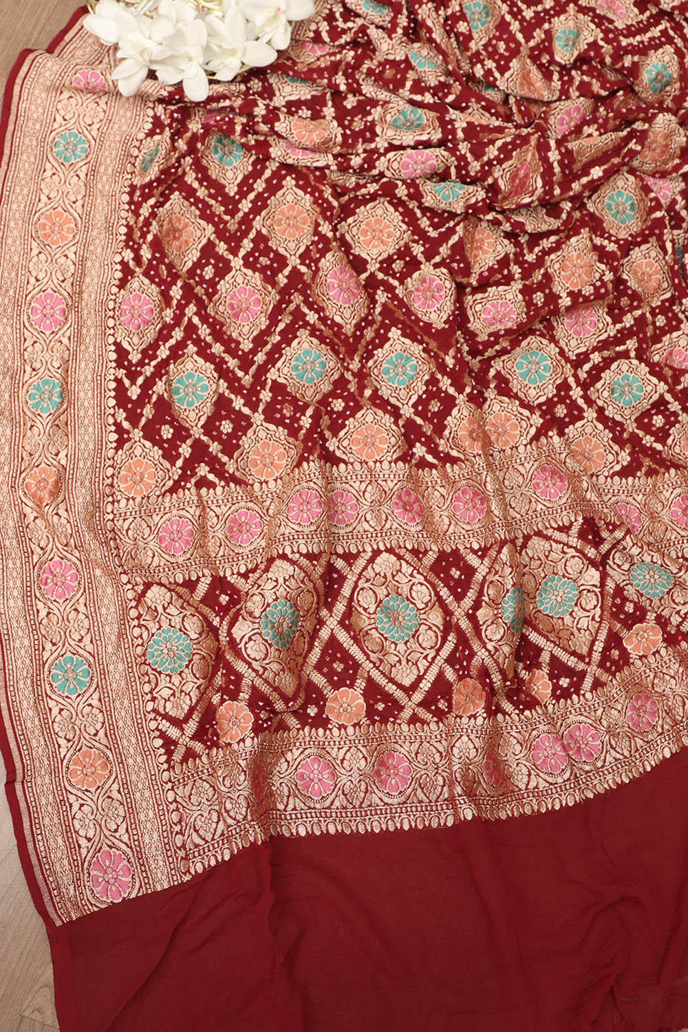 Exquisite Maroon Banarasi Bandhani Pure Georgette Meenakari Dupatta - Luxurion World