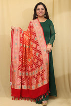 Orange & Red Banarasi Bandhani Pure Georgette Meenakari Dupatta - Luxurion World