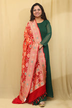 Orange & Red Banarasi Bandhani Pure Georgette Meenakari Dupatta - Luxurion World