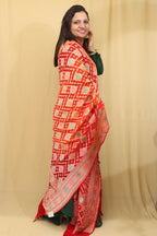 Orange & Red Banarasi Bandhani Pure Georgette Meenakari Dupatta - Luxurion World