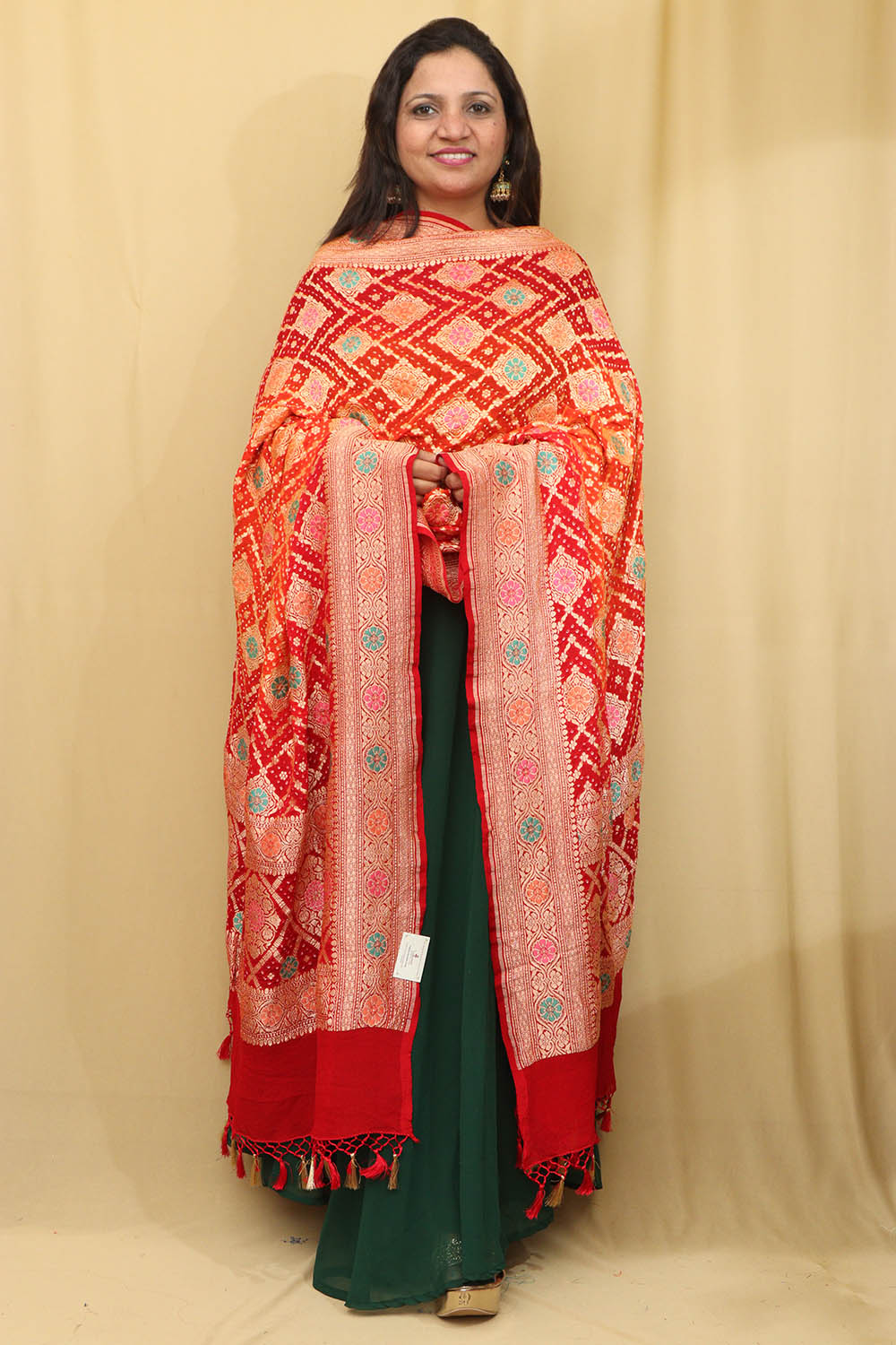 Orange & Red Banarasi Bandhani Pure Georgette Meenakari Dupatta - Luxurion World