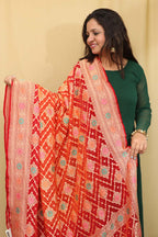 Orange & Red Banarasi Bandhani Pure Georgette Meenakari Dupatta - Luxurion World