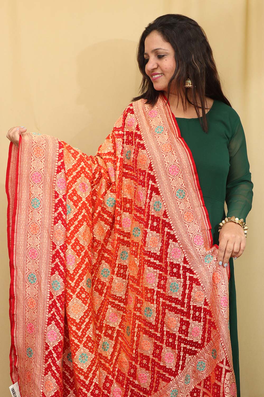 Orange & Red Banarasi Bandhani Pure Georgette Meenakari Dupatta - Luxurion World