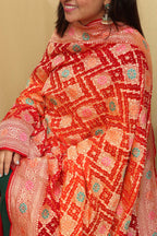 Orange & Red Banarasi Bandhani Pure Georgette Meenakari Dupatta - Luxurion World